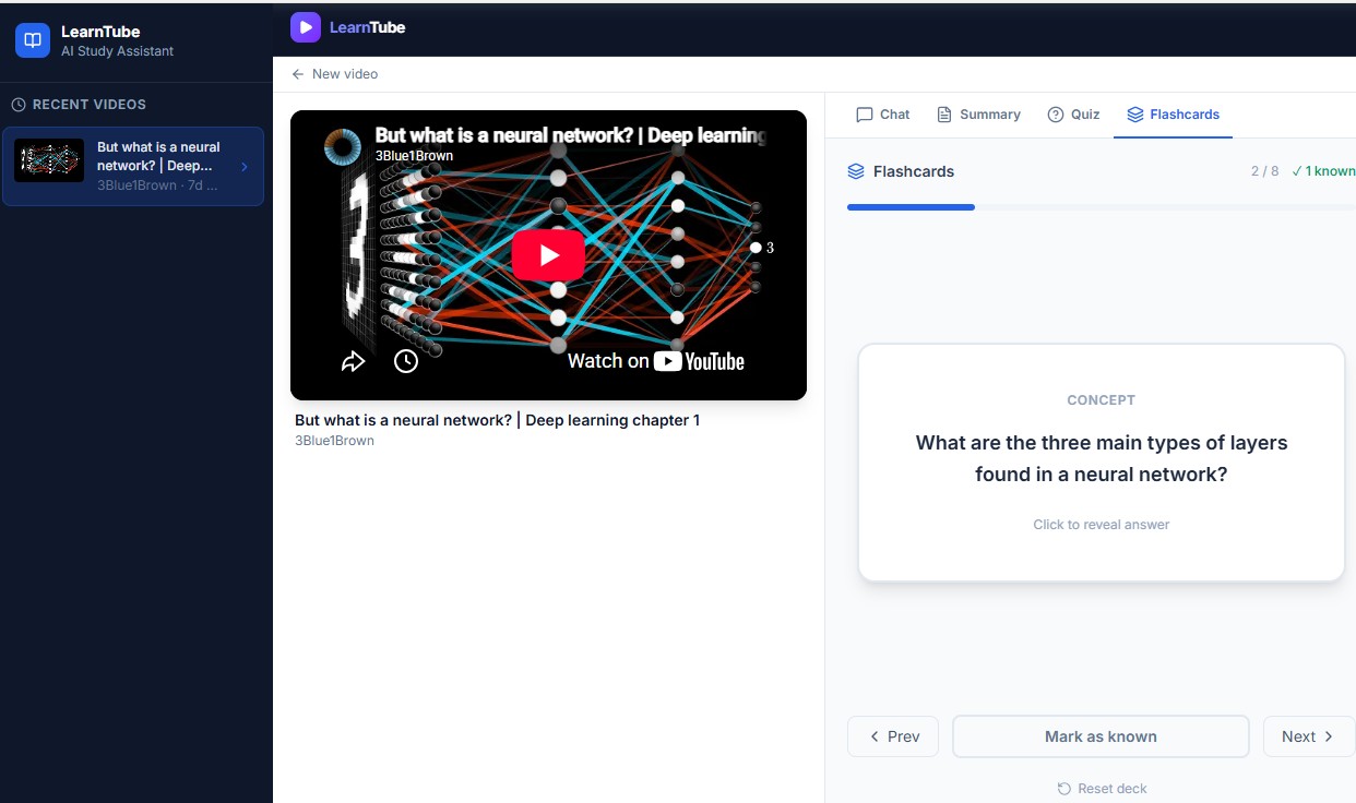 Flashcard deck with reveal + mark-as-known progress.