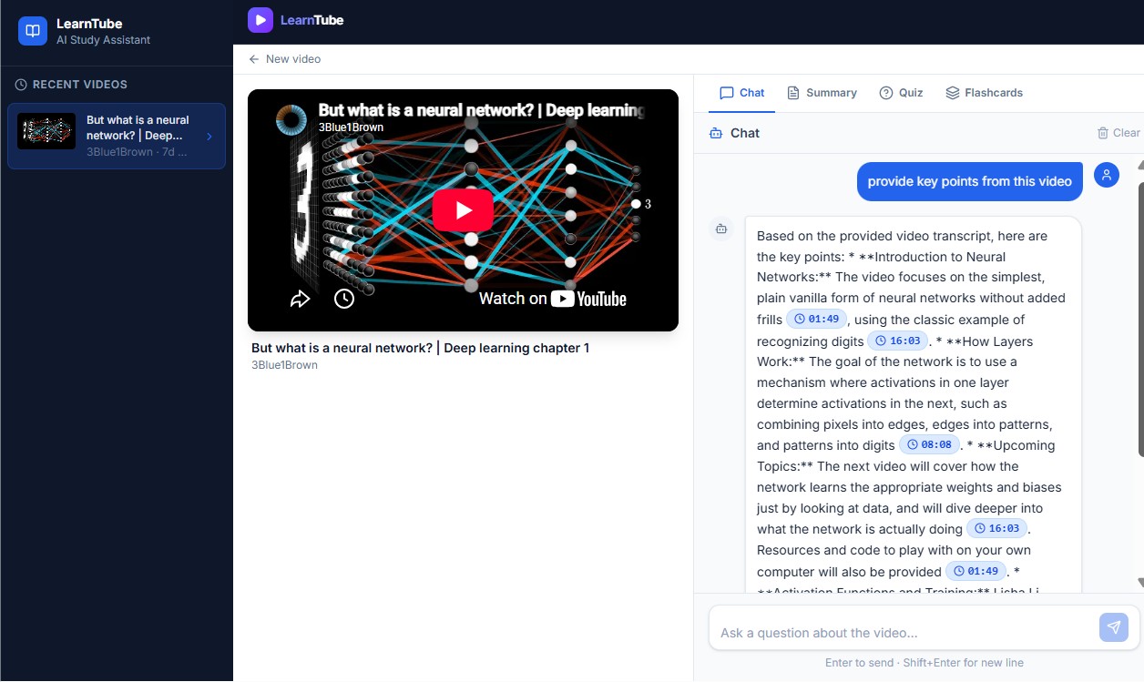 Transcript-grounded chat answering with [MM:SS] citations.